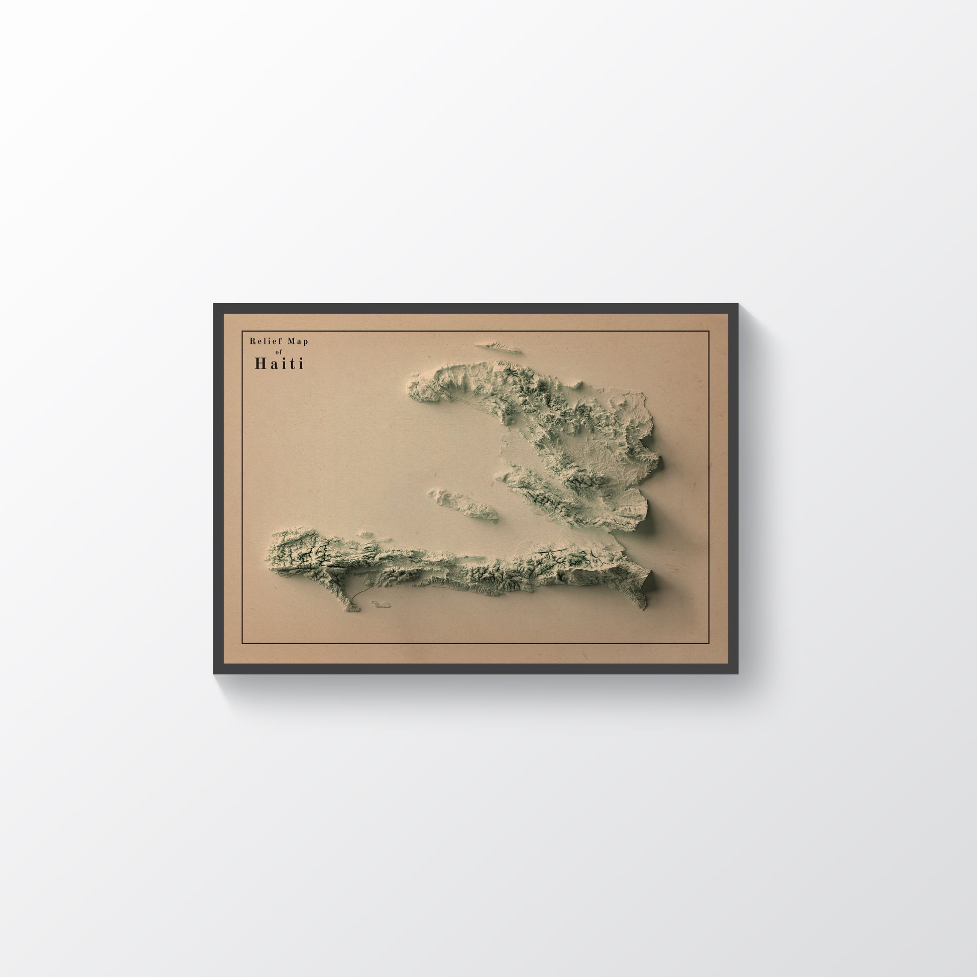 Haiti vintage framed shaded relief map in black frame. Artistic print highlighting mountains with a realistic terrain effect