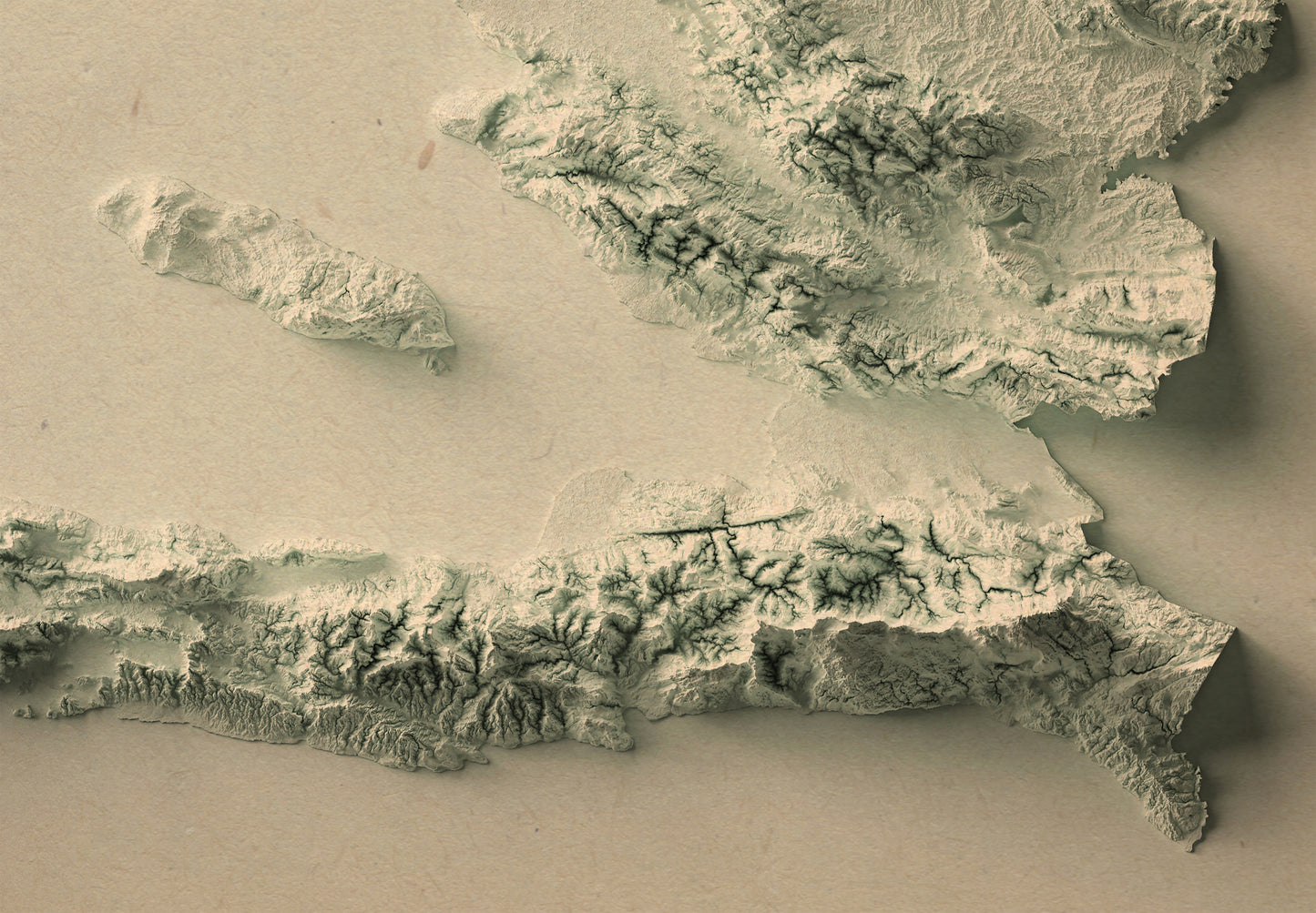 Detailed close-up of a vintage Haiti relief map, showcasing textured topography and geographic contours