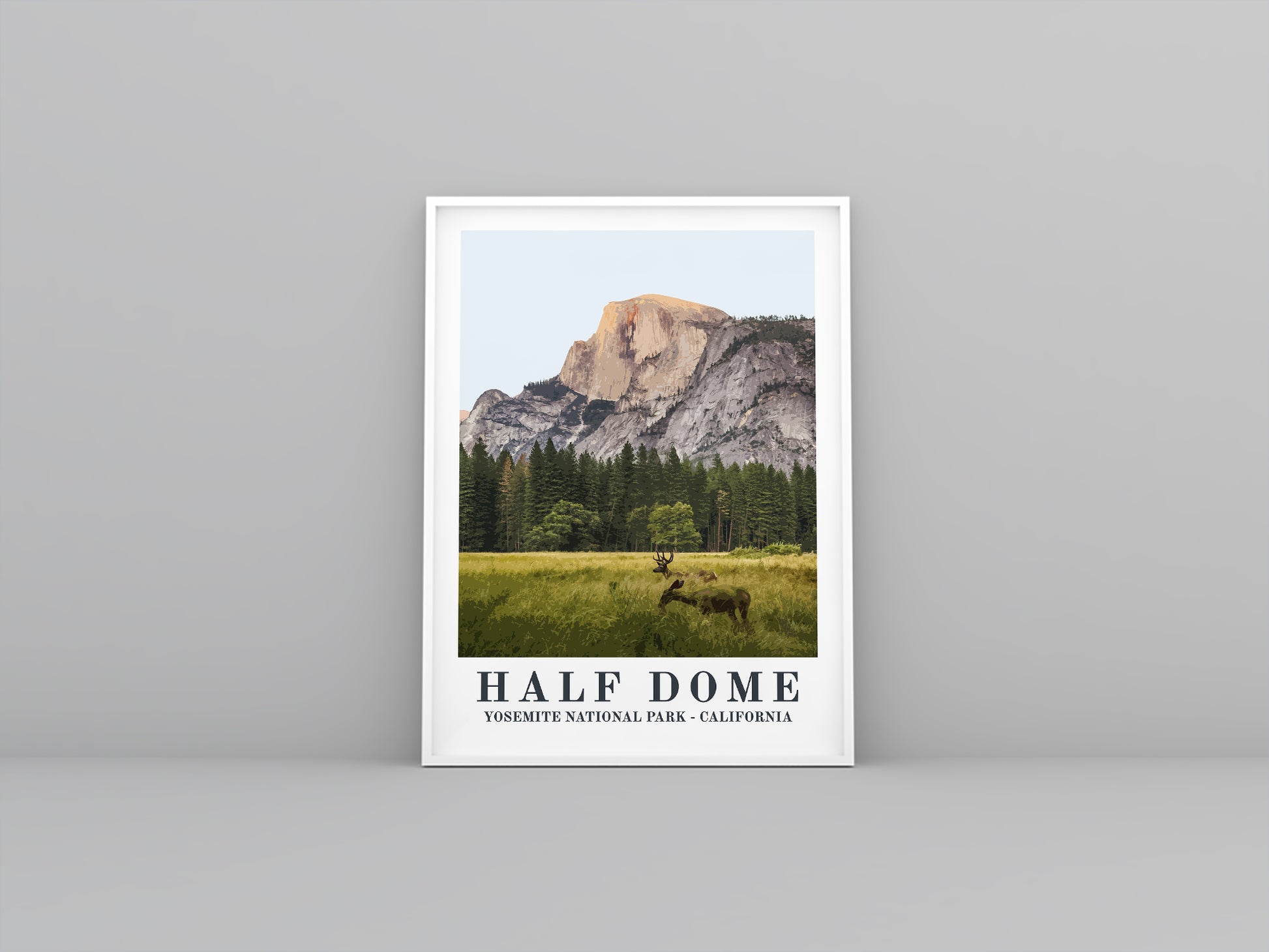 Half Dome, Yosemite, Vintage travel poster in white frame. Artistic print highlighting the landscape