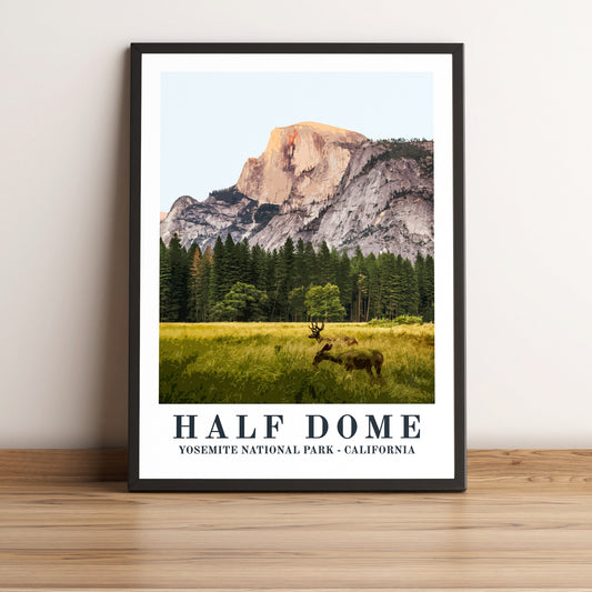 Half Dome, Yosemite, vintage travel poster in black frame. Artistic photographic print