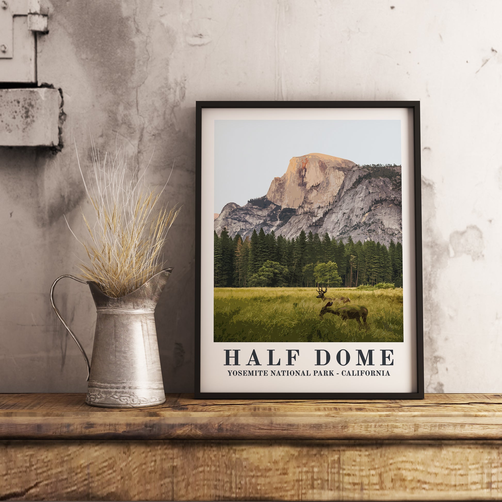 Half Dome, Yosemite National Park (California), vintage travel poster. Photographic art print for home decor, displayed on rustic wooden table
