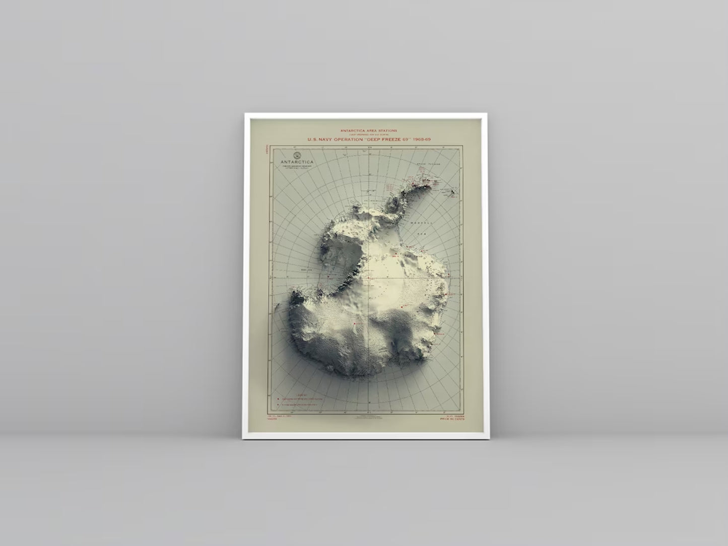 Antarctic vintage framed shaded relief map in white frame. Artistic print highlighting mountains with a realistic 3d effect