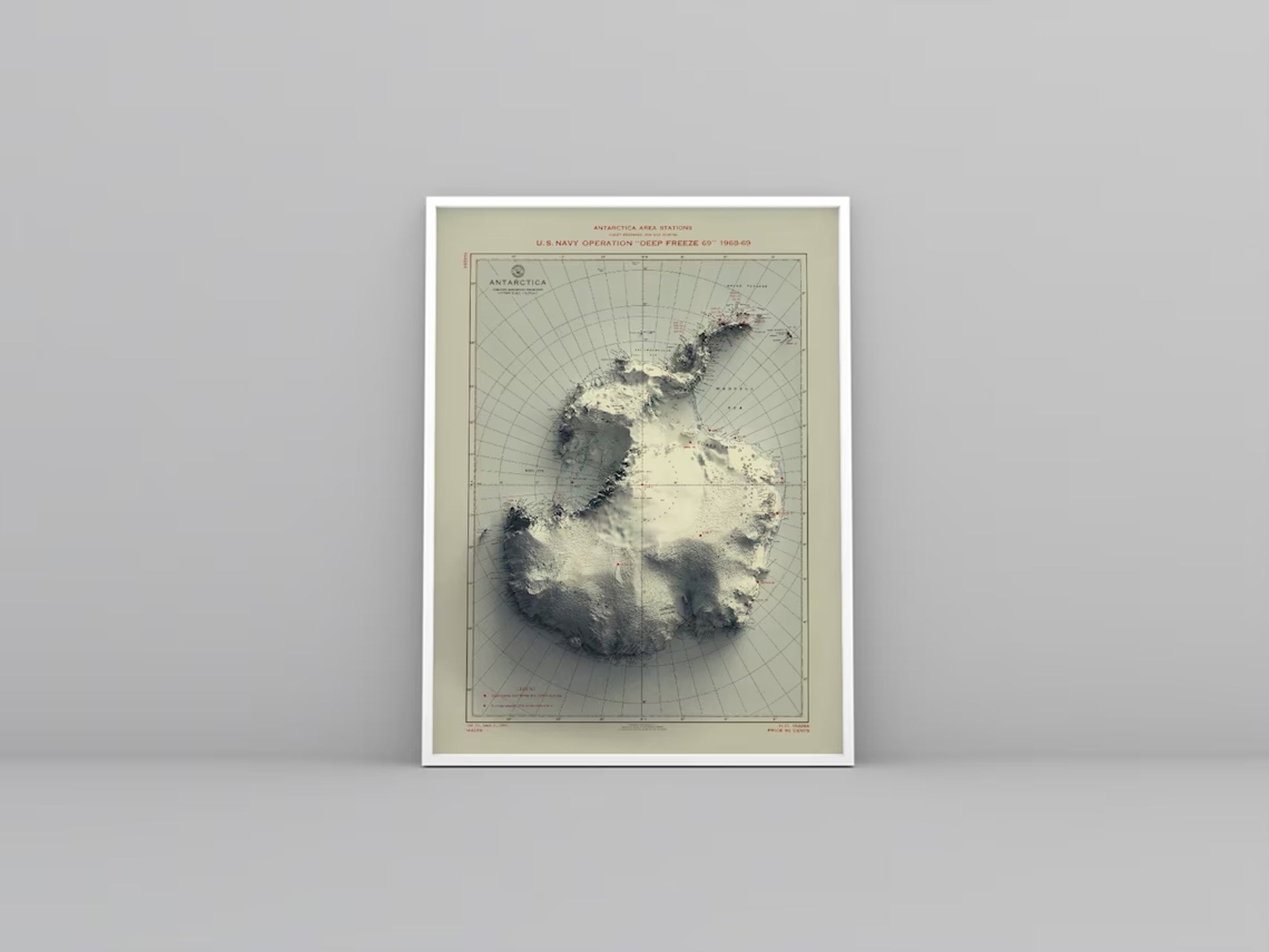 Antarctic vintage framed shaded relief map in white frame. Artistic print highlighting mountains with a realistic 3d effect