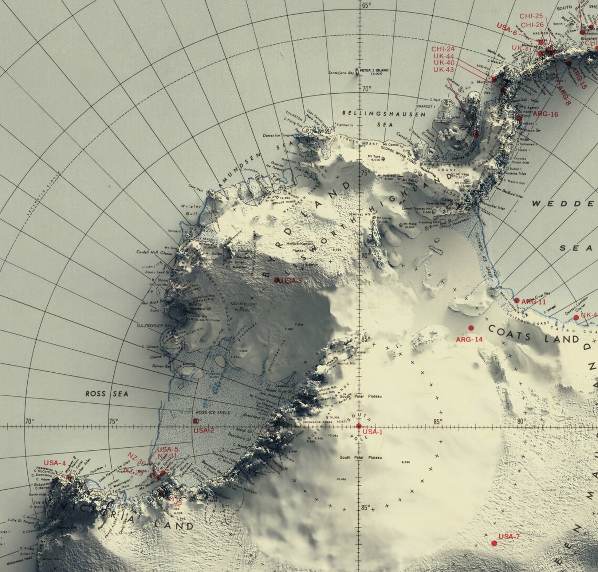 Detailed close-up of a vintage Antarctic relief map, showcasing textured topography and geographic contours