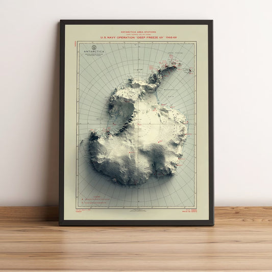 Antarctica vintage framed shaded relief map in black frame. Artistic print highlighting mountains with a realistic terrain effect