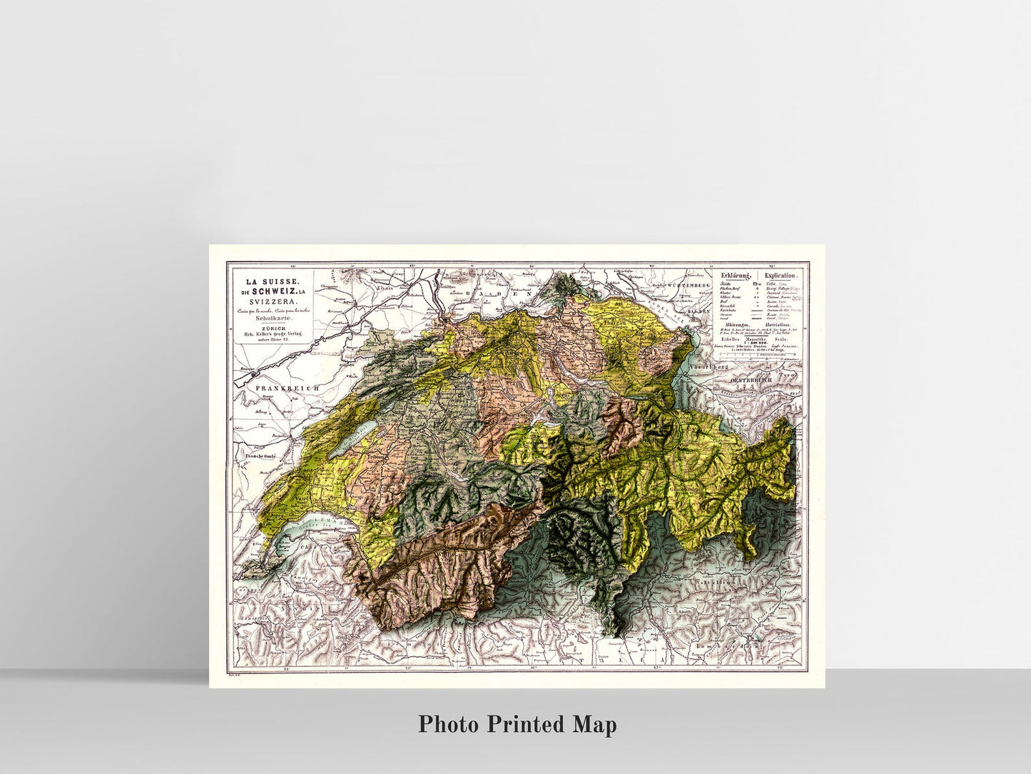 Switzerland Shaded relief map print, highlighting topography. Ideal for home decor and geography lovers