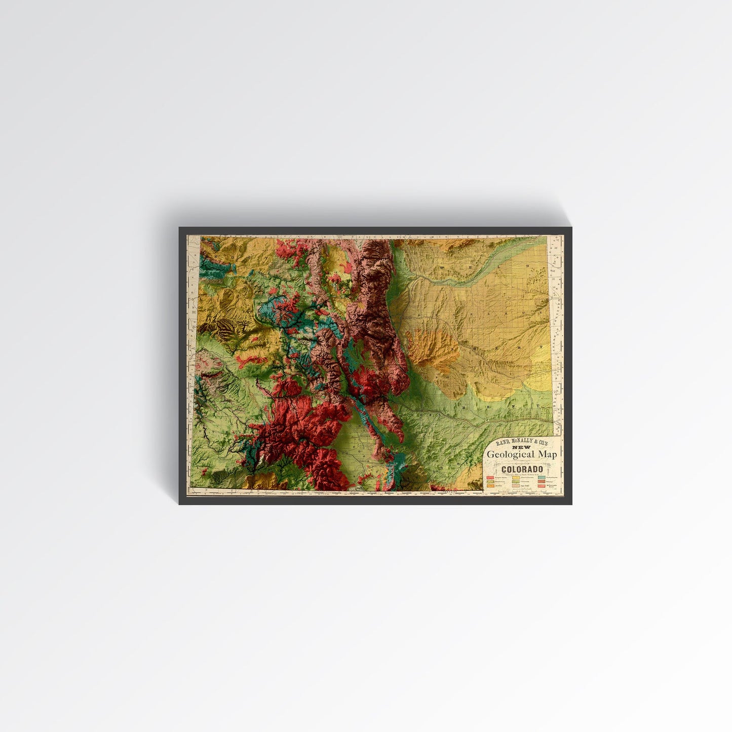 Colorado (USA) vintage framed shaded relief map in black frame. Artistic print highlighting mountains with a realistic terrain effect