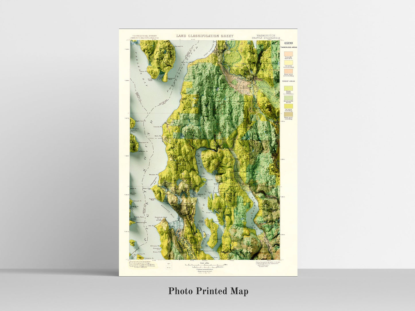 Seattle (USA) Shaded relief map print, highlighting topography. Ideal for home decor and geography lovers
