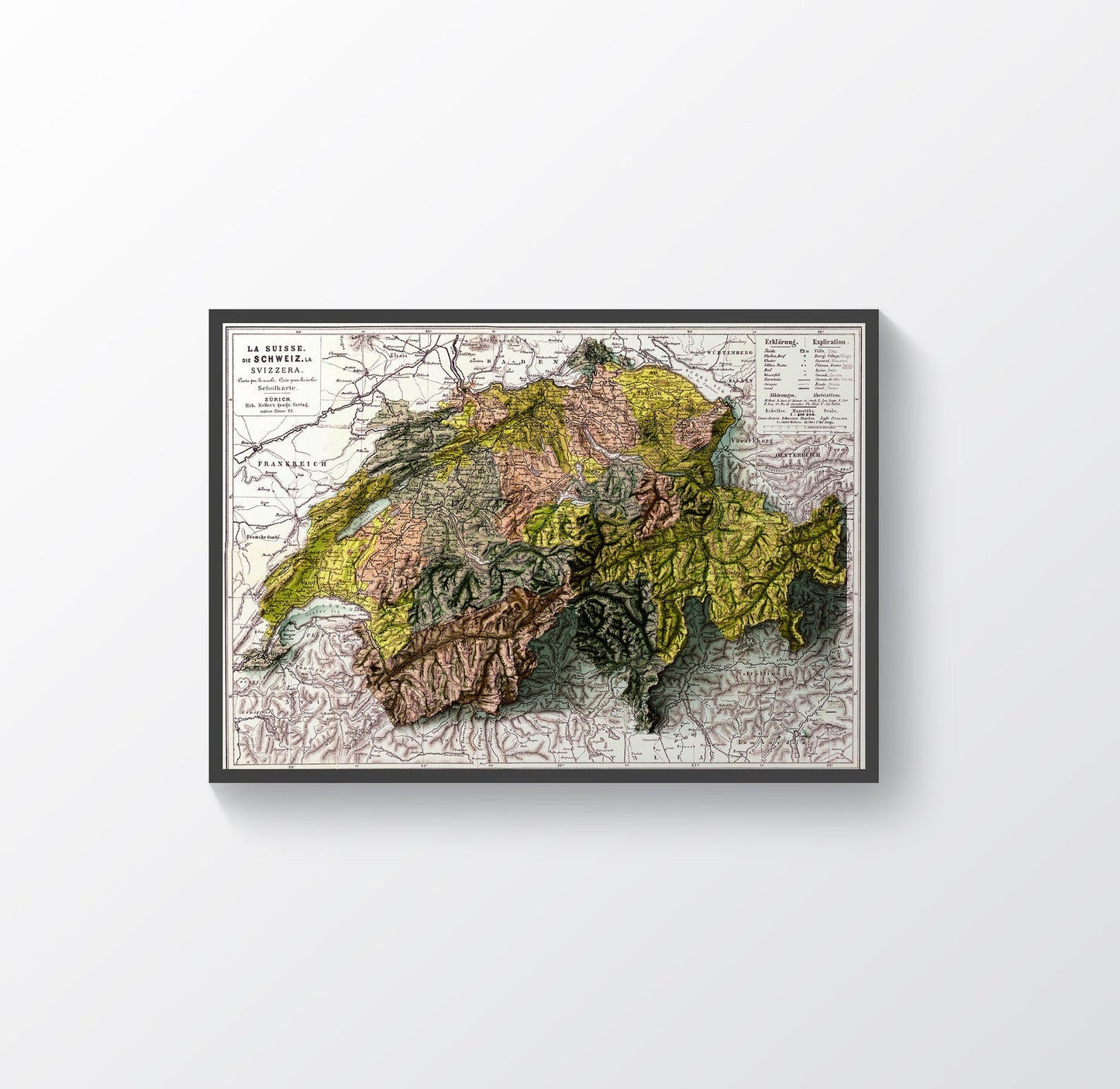 Switzerland vintage framed shaded relief map in black frame. Artistic print highlighting mountains with a realistic terrain effect