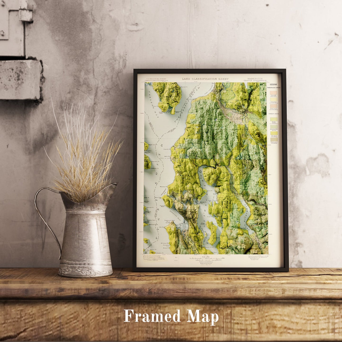 Vintage Seattle (USA) shaded relief map in black frame. Realistic terrain art print for home decor, displayed on rustic wooden table