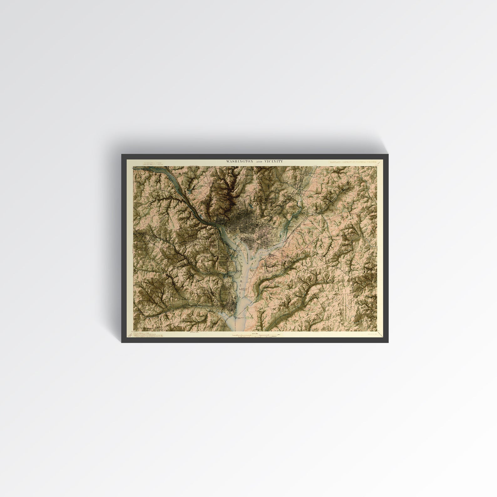 Washington DC (USA) vintage framed shaded relief map in black frame. Artistic print highlighting mountains with a realistic terrain effect