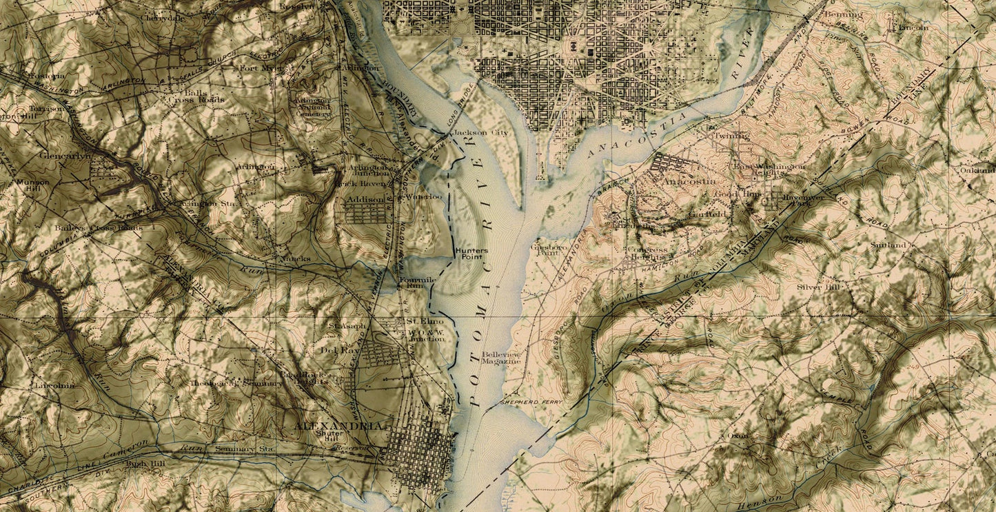 Detailed close-up of a vintage Washington DC (USA) relief map, showcasing textured topography and geographic contours