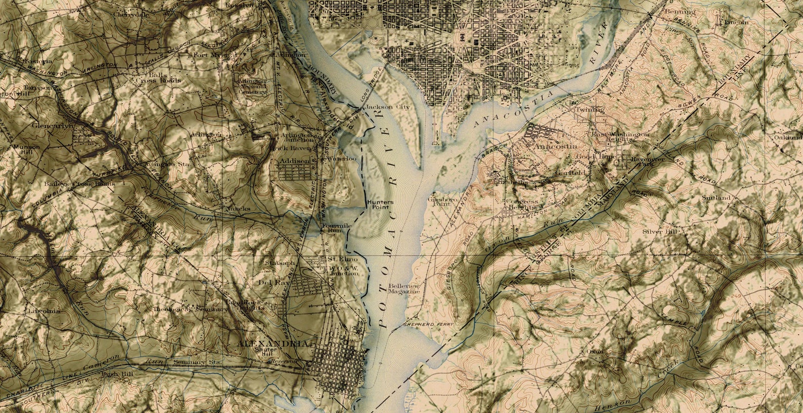 Detailed close-up of a vintage Washington DC (USA) relief map, showcasing textured topography and geographic contours