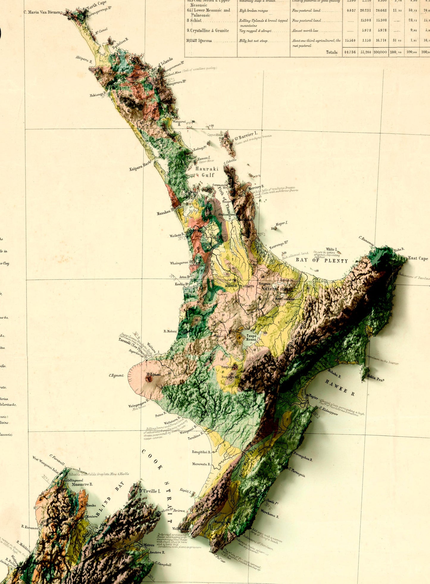 Detailed close-up of a vintage New Zealand relief map, showcasing textured topography and geographic contours