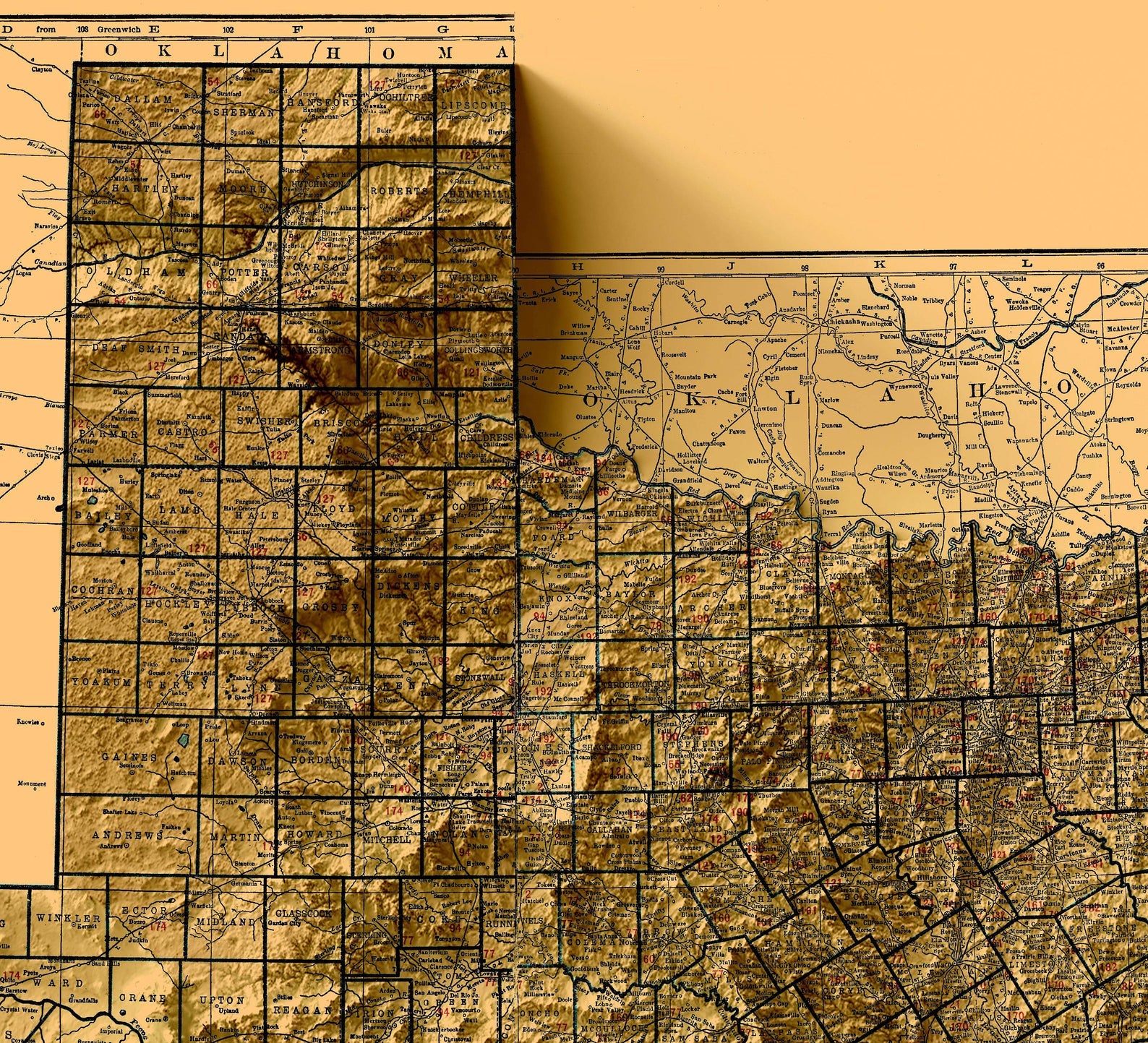 Detailed close-up of a vintage Texas (USA) relief map, showcasing textured topography and geographic contours