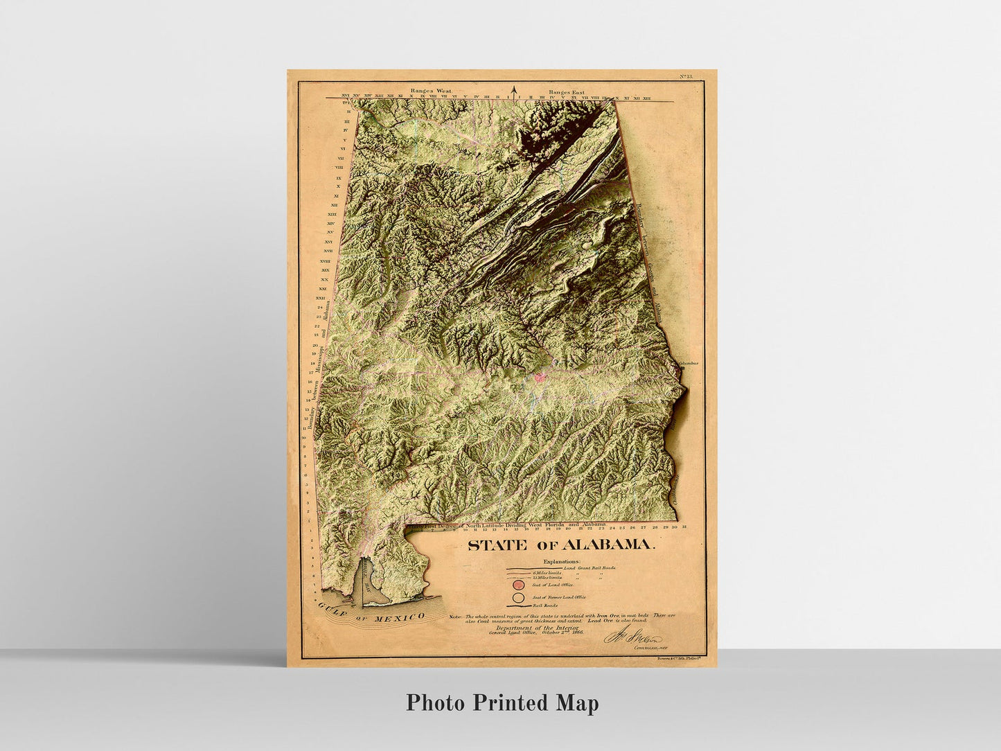 Shaded relief map of Alabama (USA) print, highlighting topography. Ideal for home decor and geography lovers