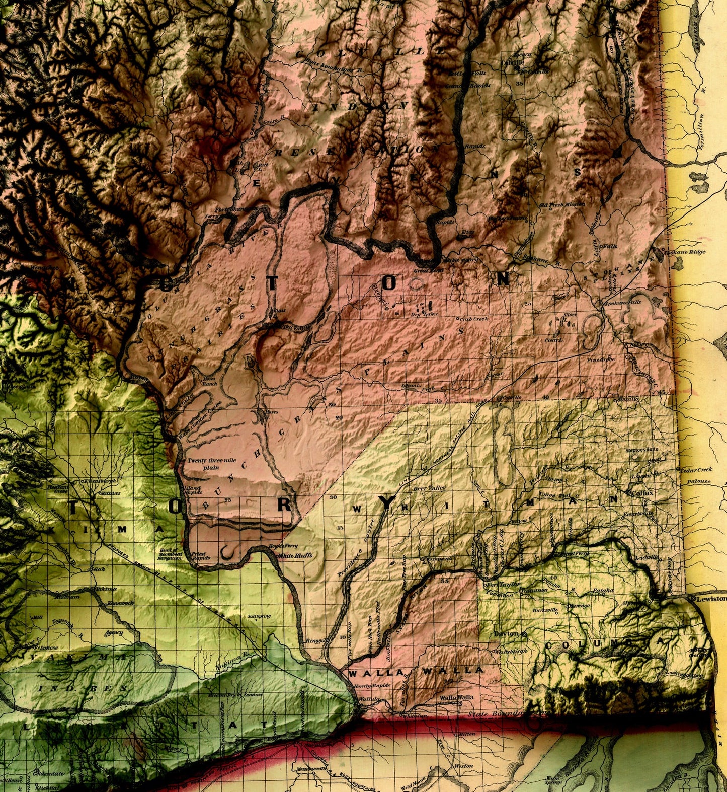 Detailed close-up of a vintage Washington (USA) relief map, showcasing textured topography and geographic contours