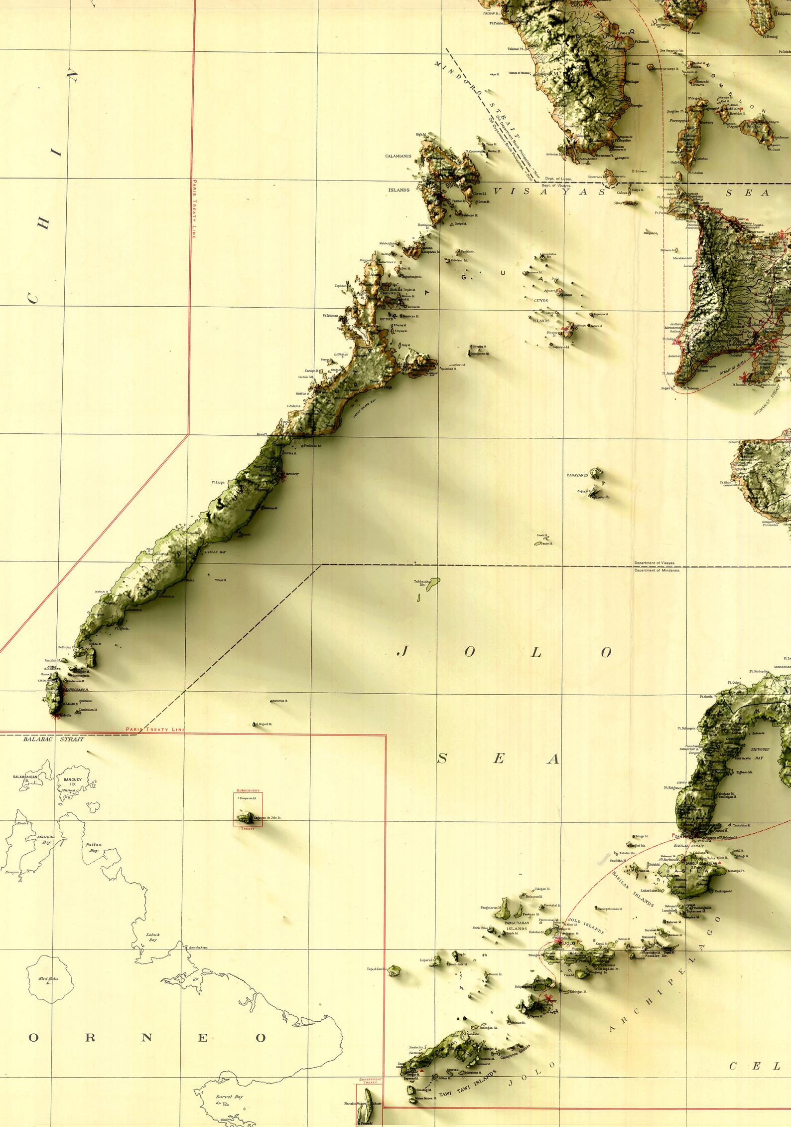 Detailed close-up of a vintage Philippines relief map, showcasing textured topography and geographic contours