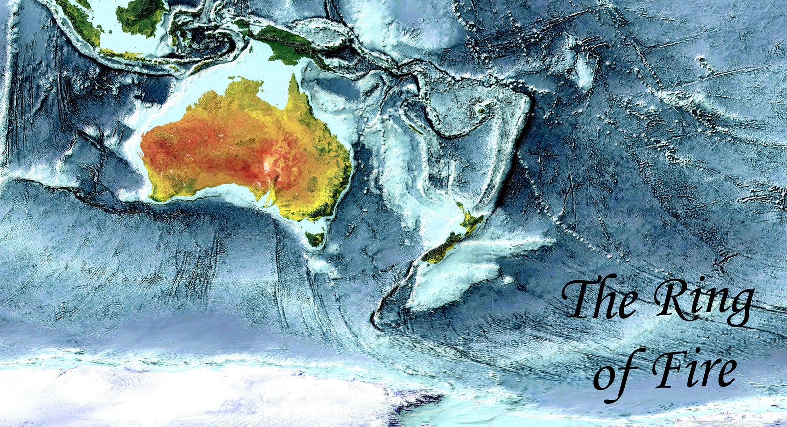 Detailed close-up of a Pacific Ocean, Ring of Fire relief map, showcasing textured topography and geographic contours