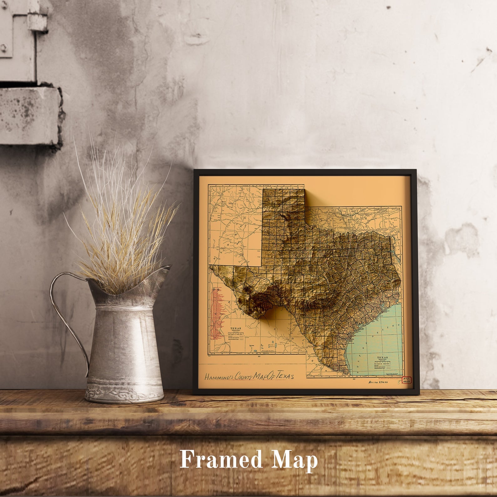 Vintage Texas (USA) shaded relief map in black frame. Realistic terrain art print for home decor, displayed on rustic wooden table
