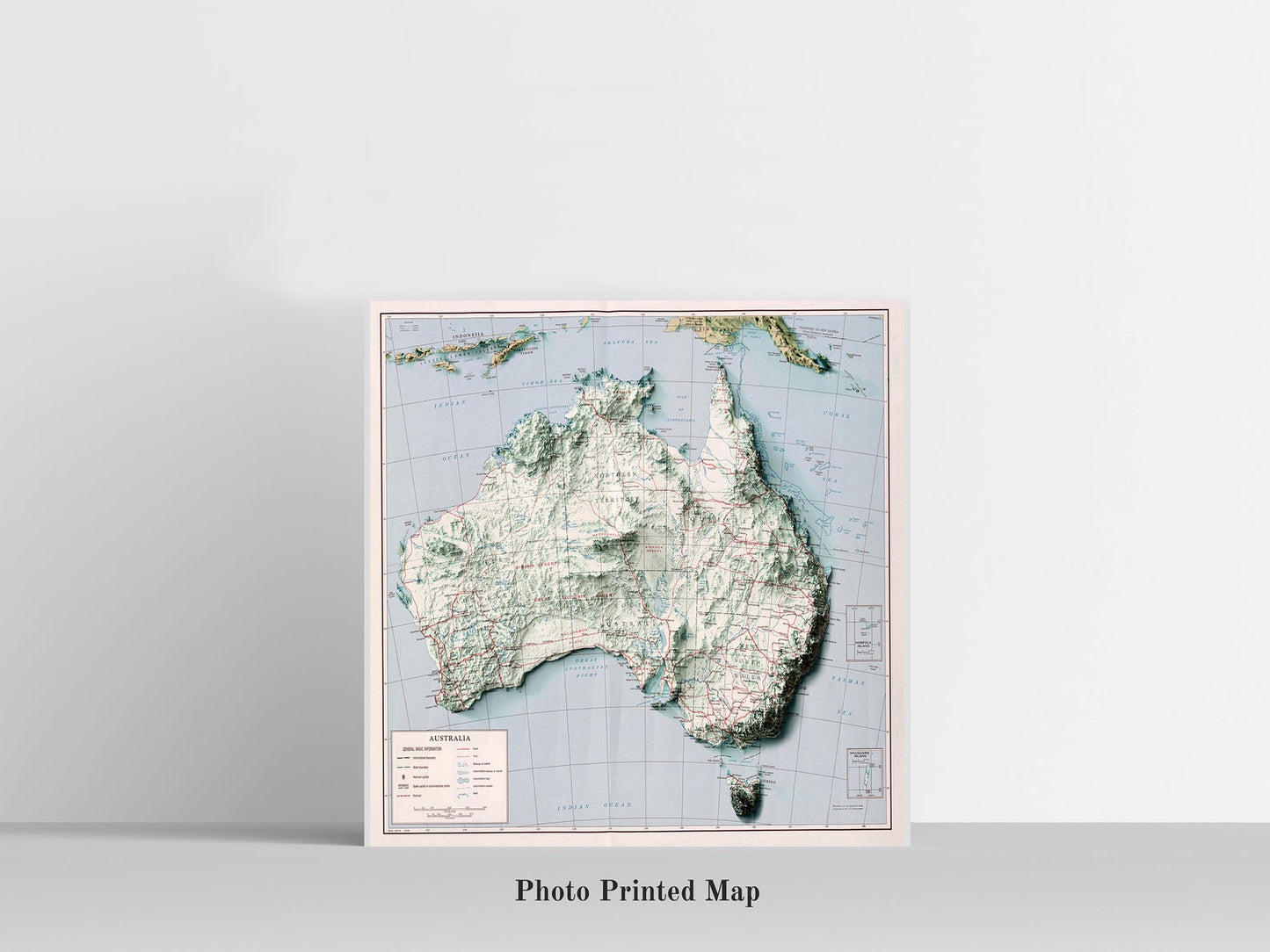 Australia relief map print, highlighting topography. Ideal for home decor and geography lovers