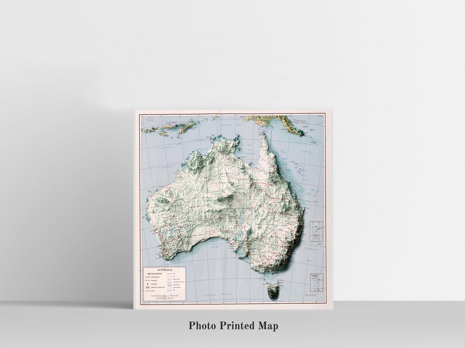 Australia relief map print, highlighting topography. Ideal for home decor and geography lovers