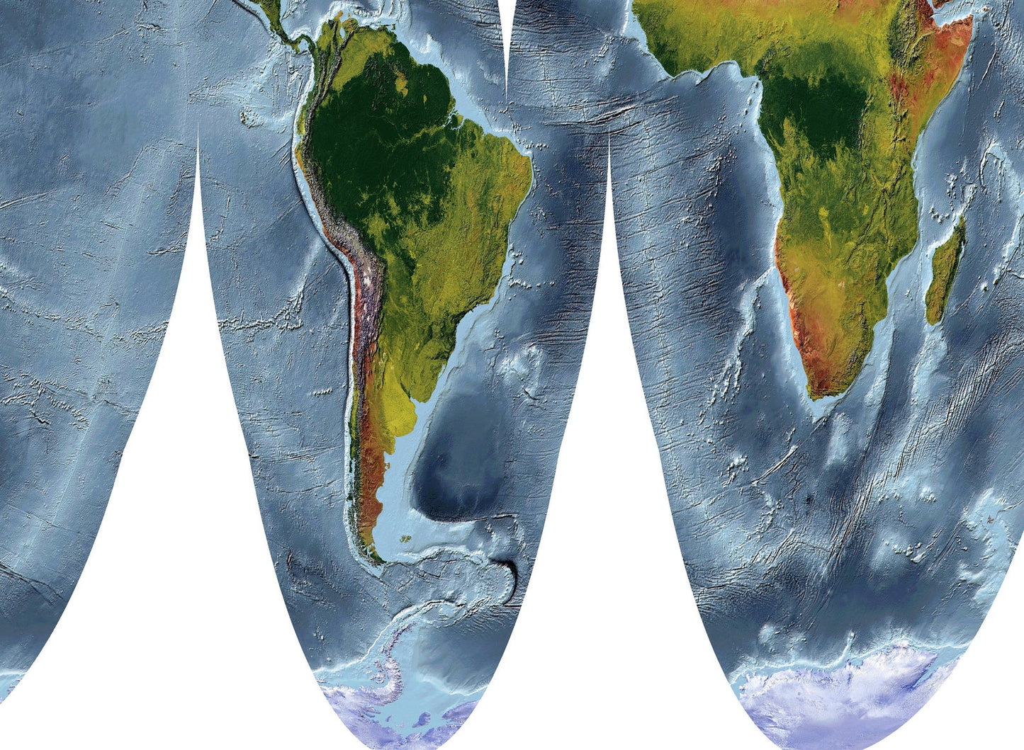 Detailed close-up of a Goode Homolosine Land Projection World relief map, showcasing textured topography and geographic features