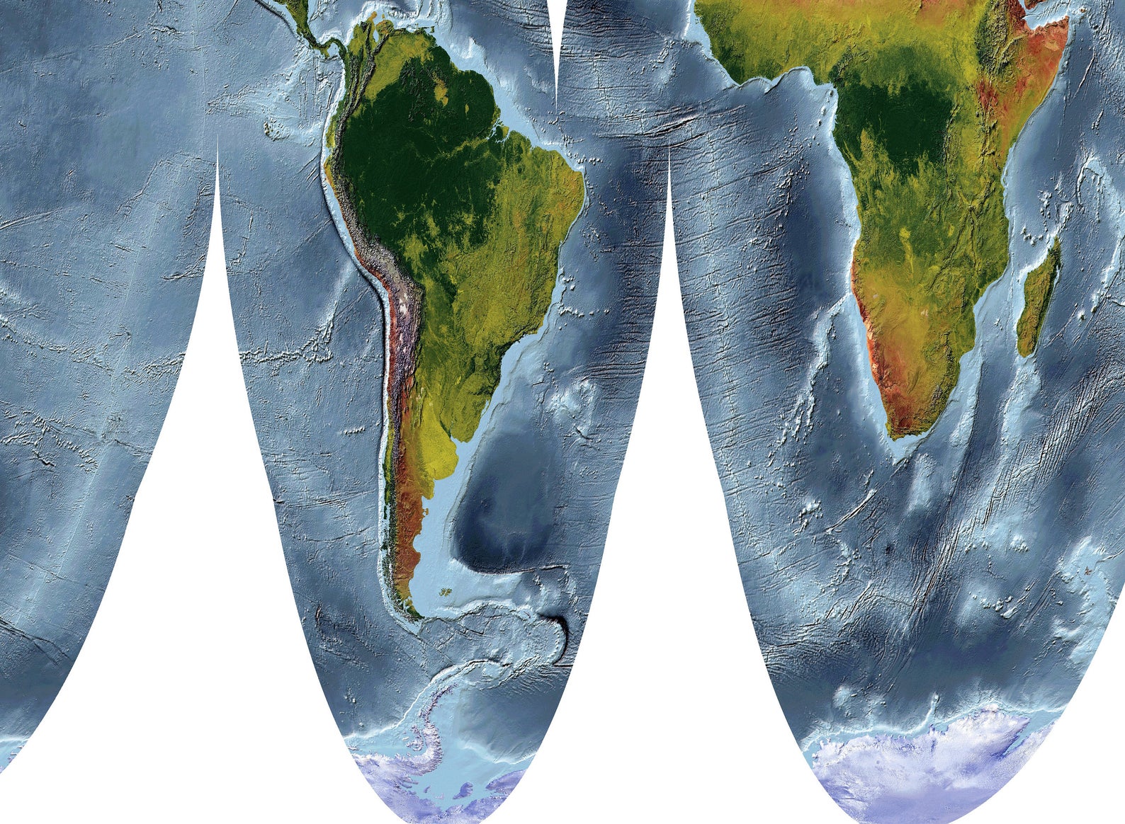 Detailed close-up of a Goode Homolosine Land Projection World relief map, showcasing textured topography and geographic features