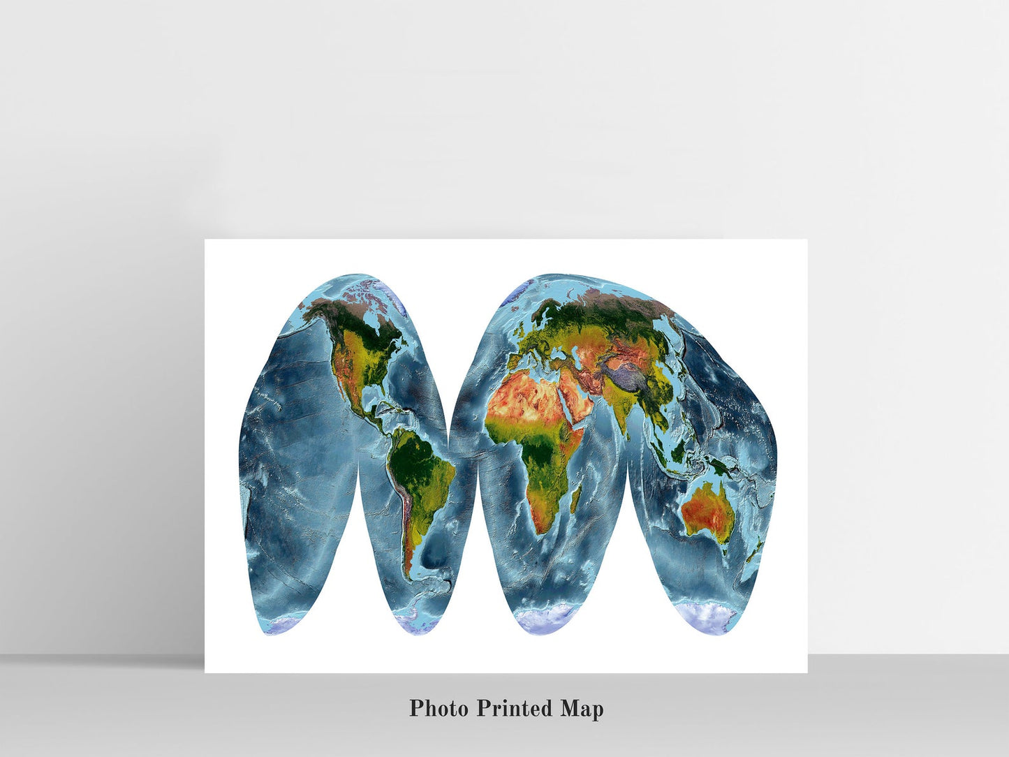 Goode Homolosine Land Projection World Shaded relief map print, highlighting topography. Ideal for home decor and geography lovers