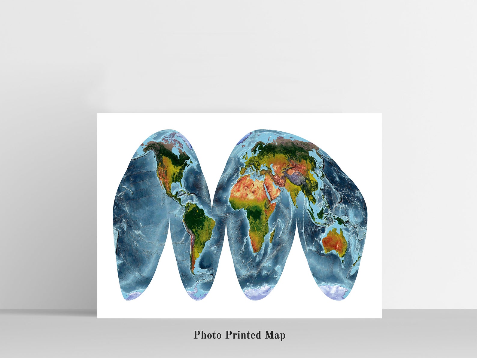 Goode Homolosine Land Projection World Shaded relief map print, highlighting topography. Ideal for home decor and geography lovers