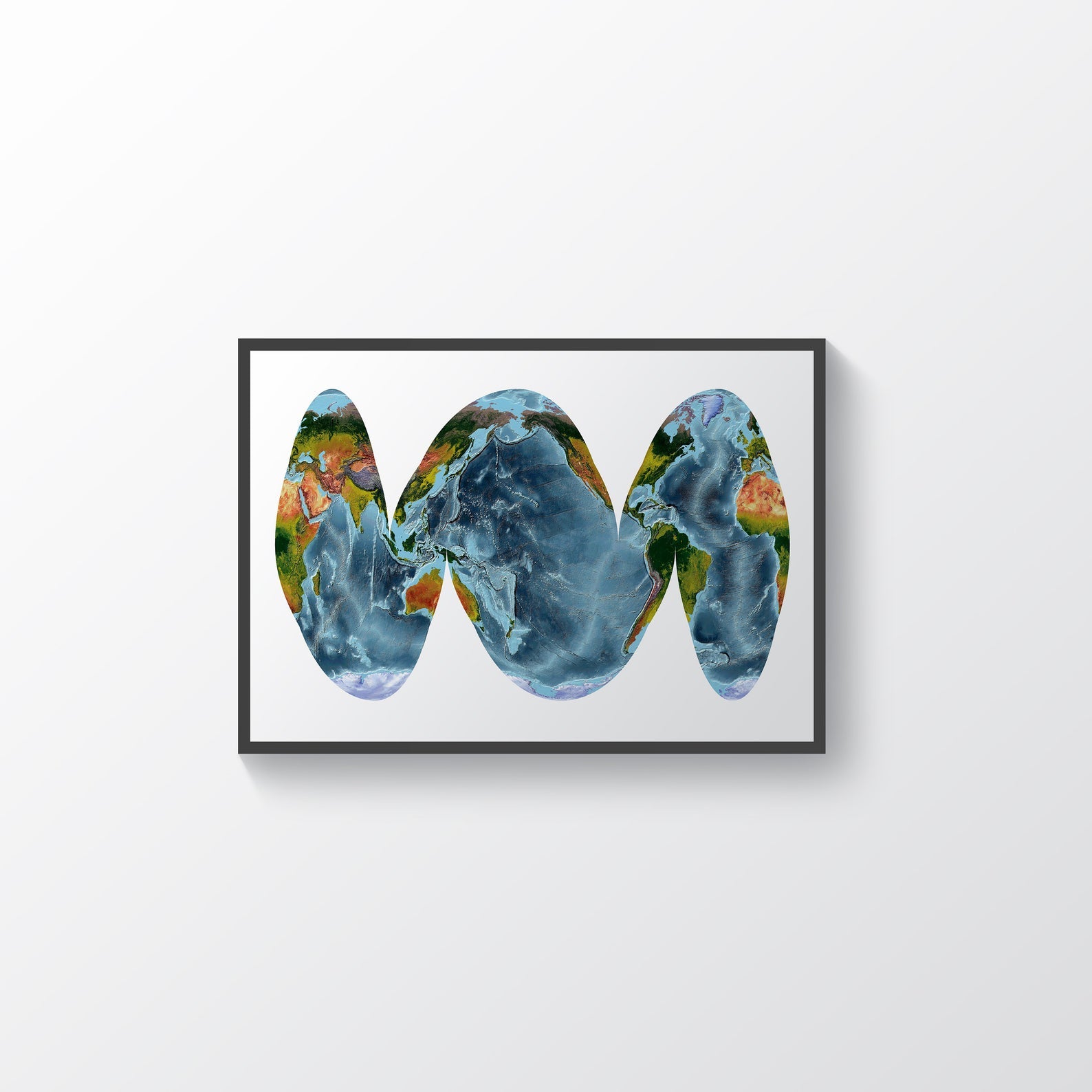 World framed shaded relief map in black frame, showing Goode Homolosine Ocean Projection. Artistic print highlighting vegetation and bathymetry