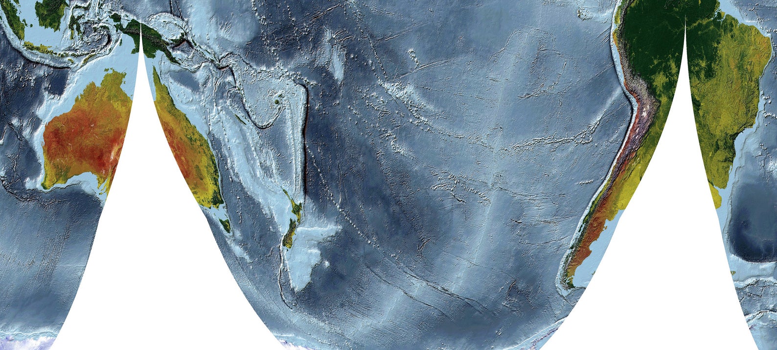 Detailed close-up of a Goode Homolosine Ocean Projection World relief map, showcasing textured topography and geographic features