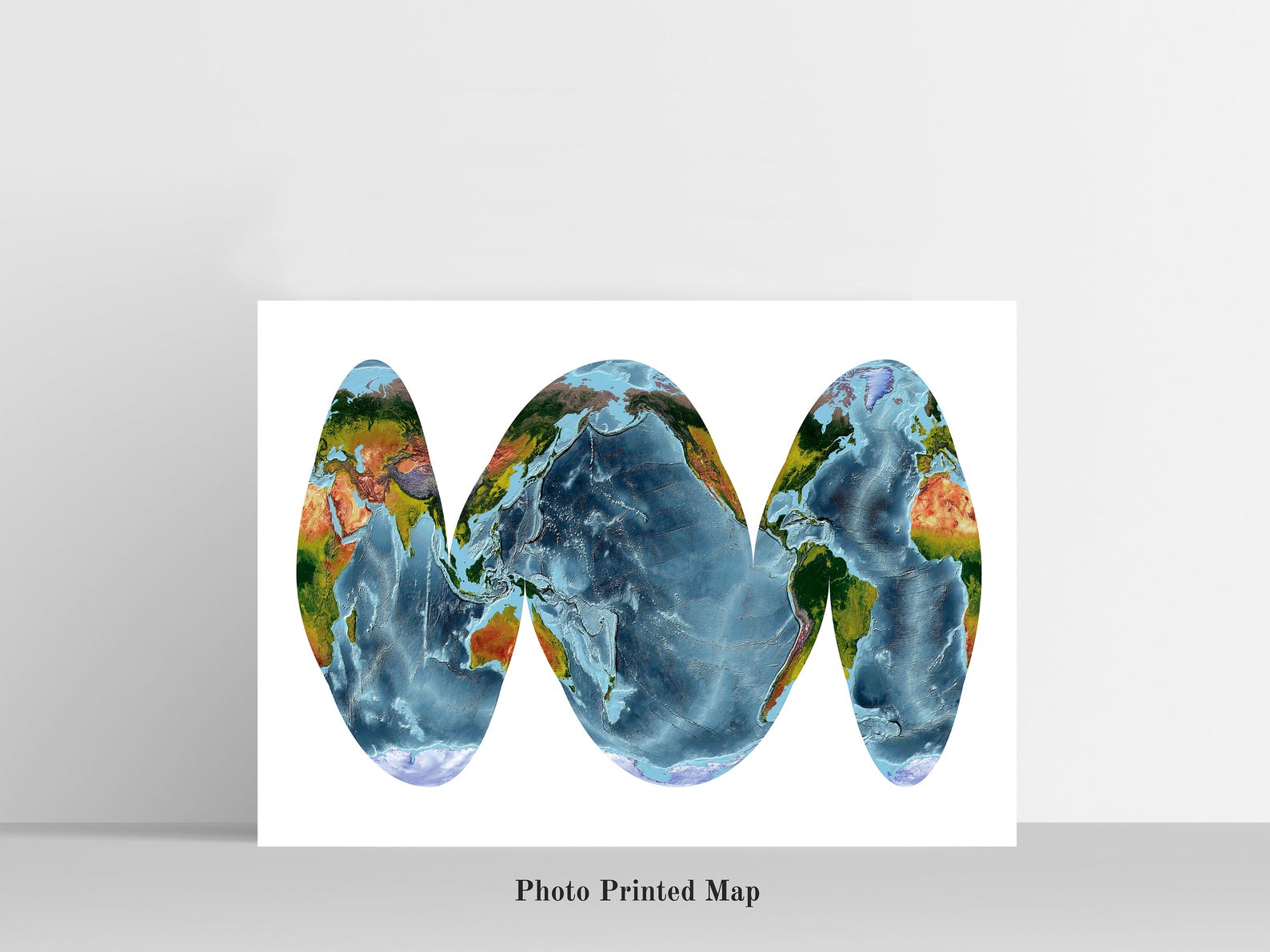 Goode Homolosine Ocean Projection World Shaded relief map print, highlighting topography. Ideal for home decor and geography lovers