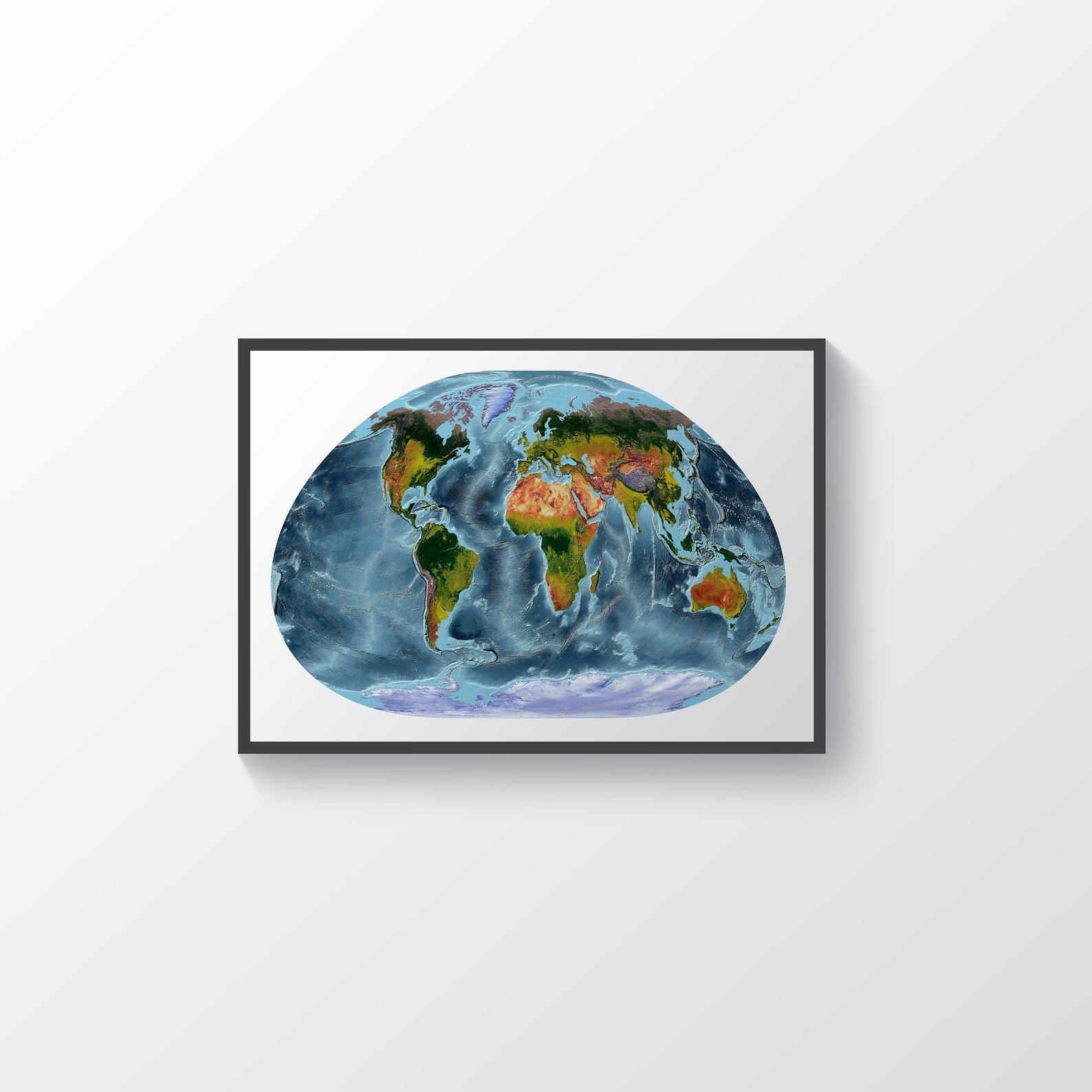World framed shaded relief map in black frame, showing Loximuthal Projection. Artistic print highlighting vegetation and bathymetry
