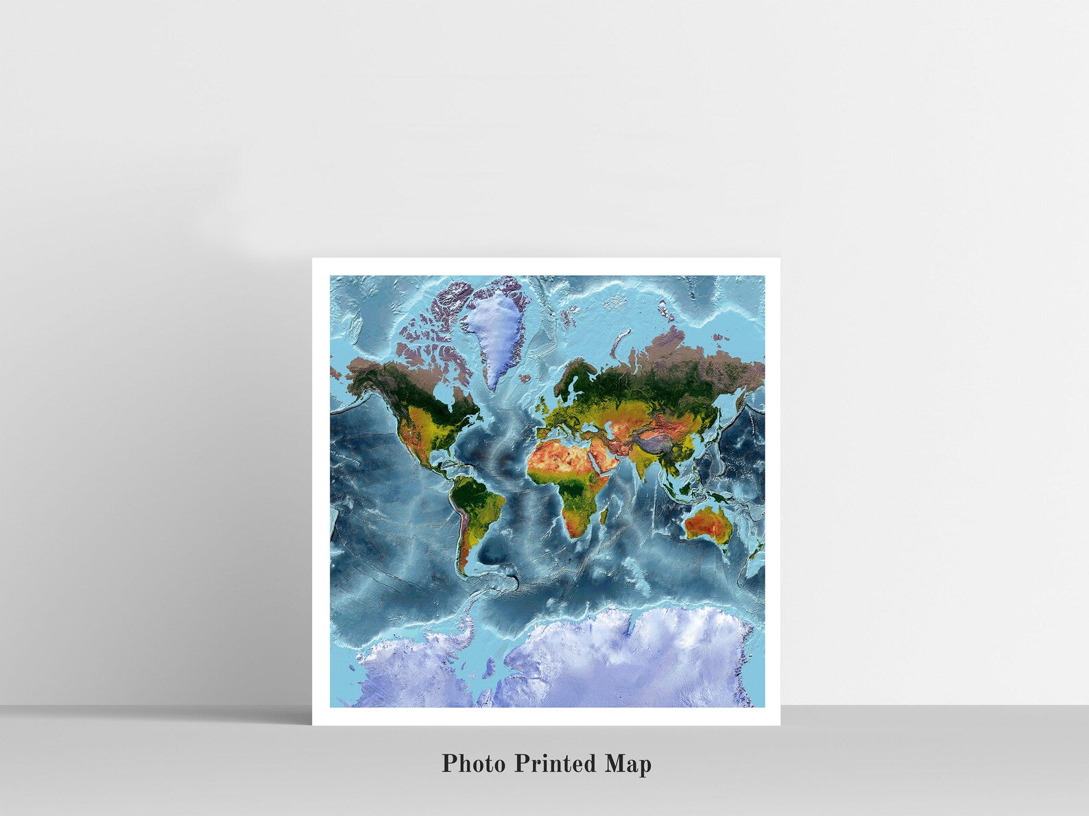 Mercator Projection World Shaded relief map print, highlighting topography. Ideal for home decor and geography lovers