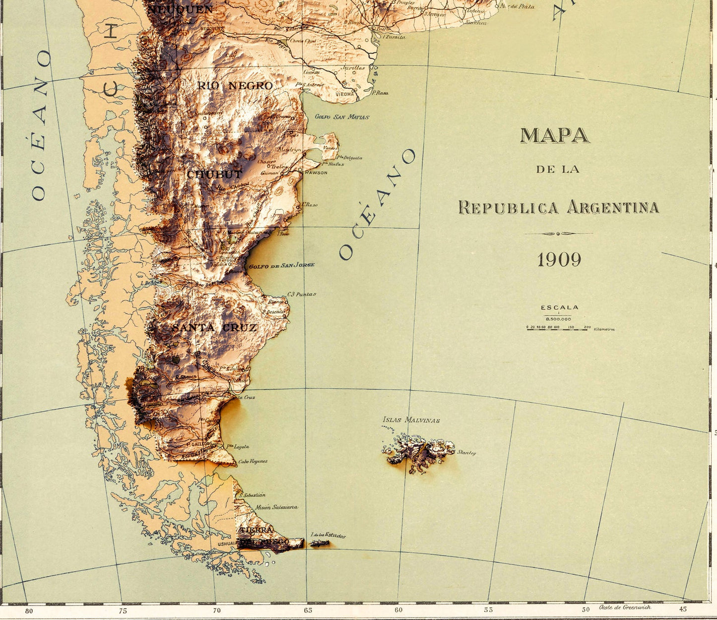 Detailed close-up of a vintage Argentina relief map, showcasing textured topography and geographic contours