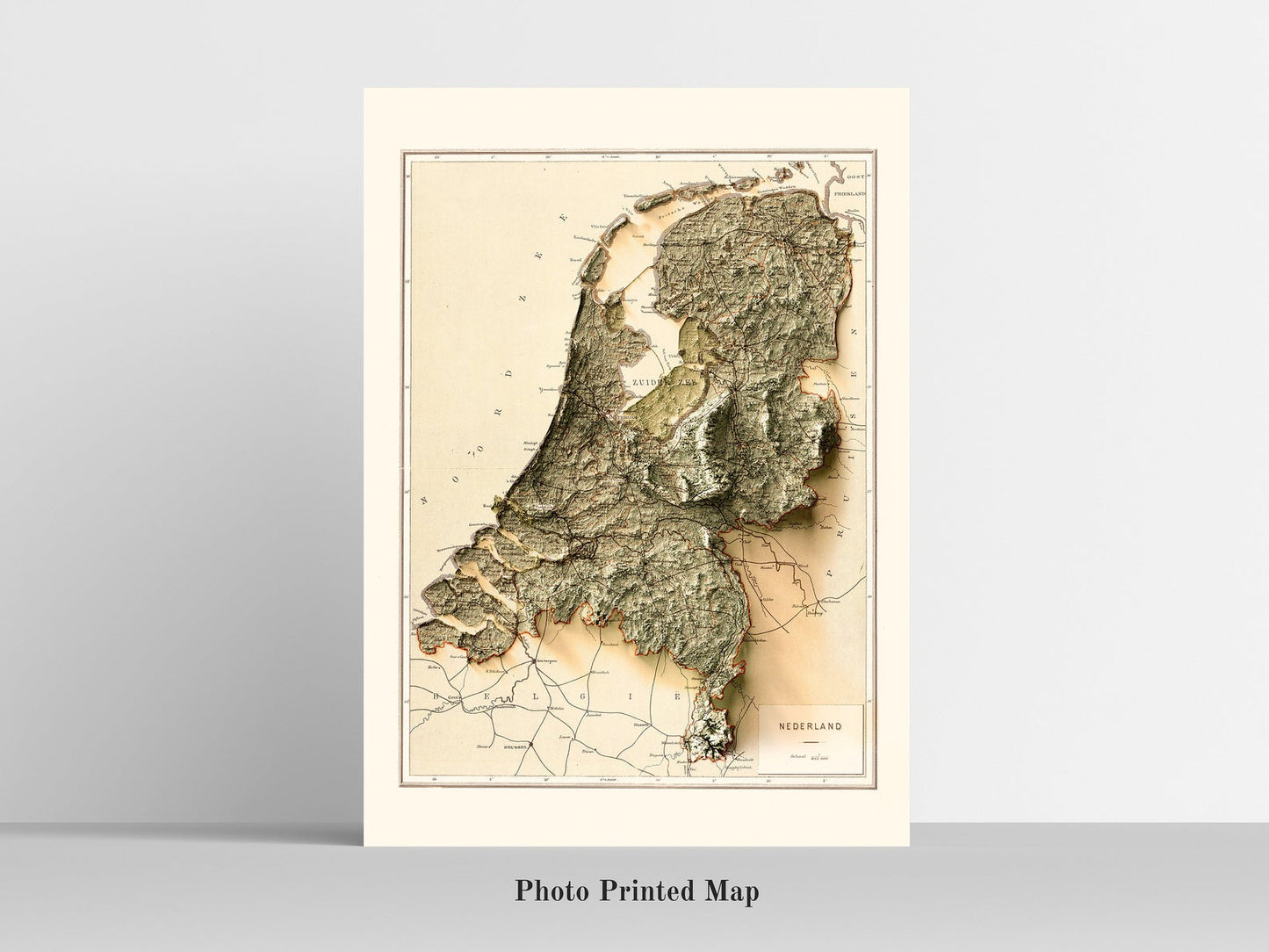 Netherlands Shaded relief map print, highlighting topography. Ideal for home decor and geography lovers