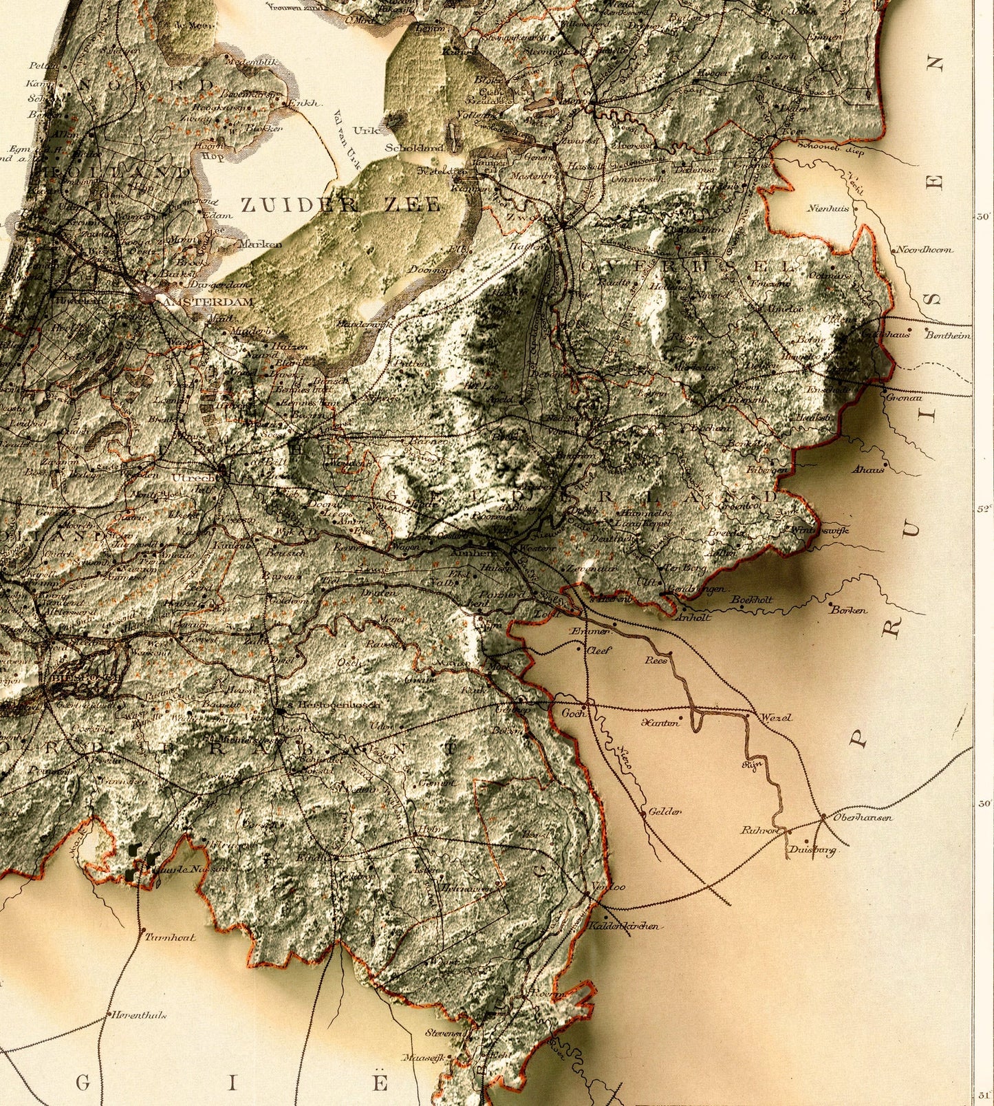 Detailed close-up of a Netherlands relief map, showcasing textured topography and geographic contours