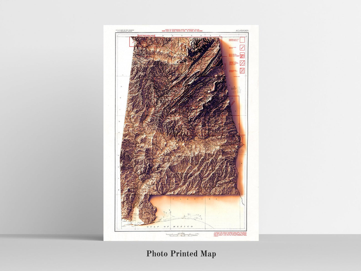 Shaded relief map of Alabama (USA) print, highlighting topography. Ideal for home decor and geography lovers