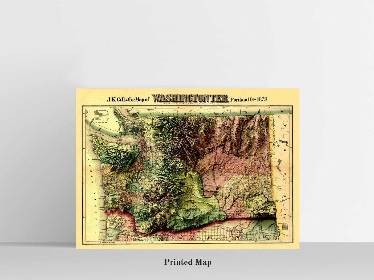 Washington (USA) Shaded relief map print, highlighting topography. Ideal for home decor and geography lovers