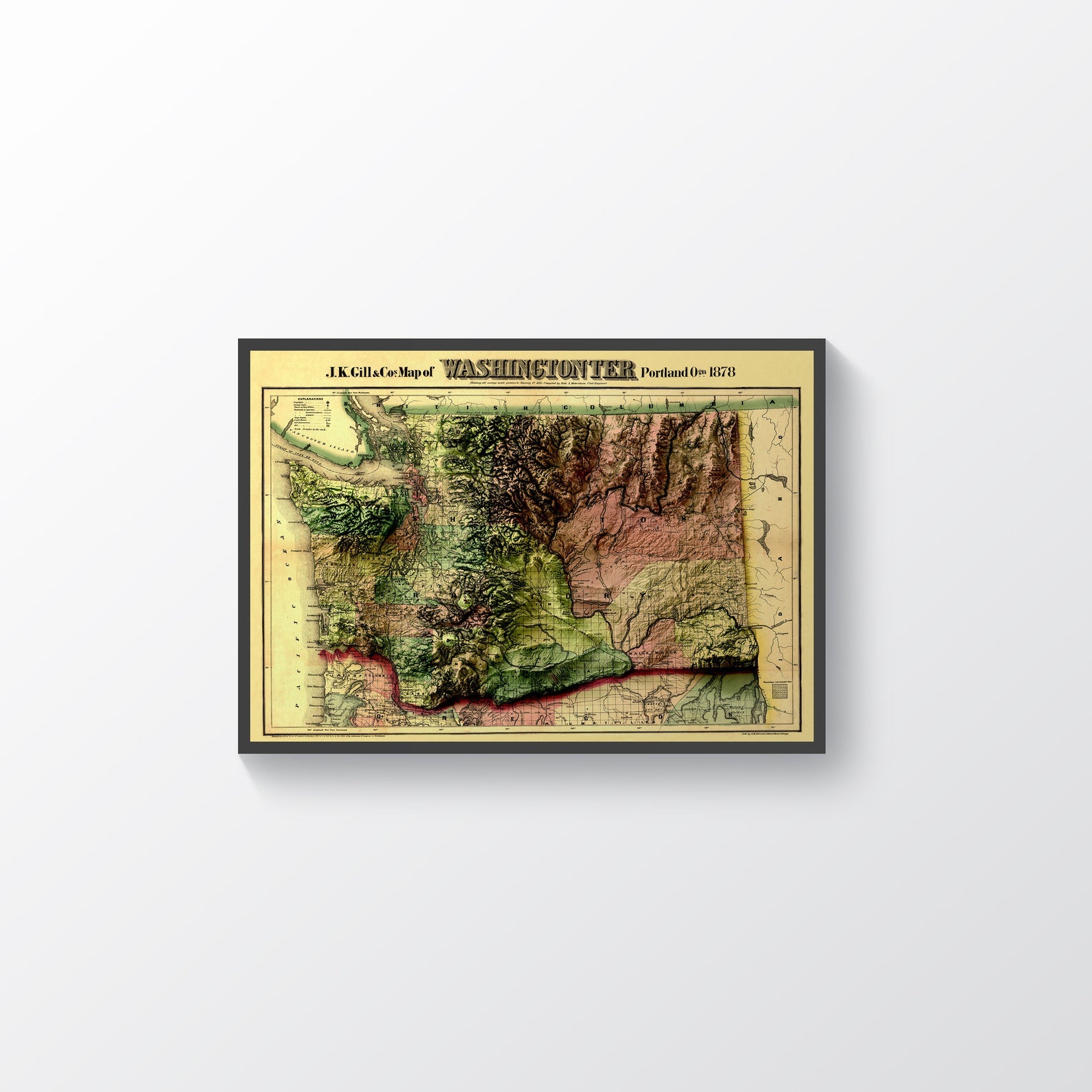 Washington (USA) vintage framed shaded relief map in black frame. Artistic print highlighting mountains with a realistic terrain effect