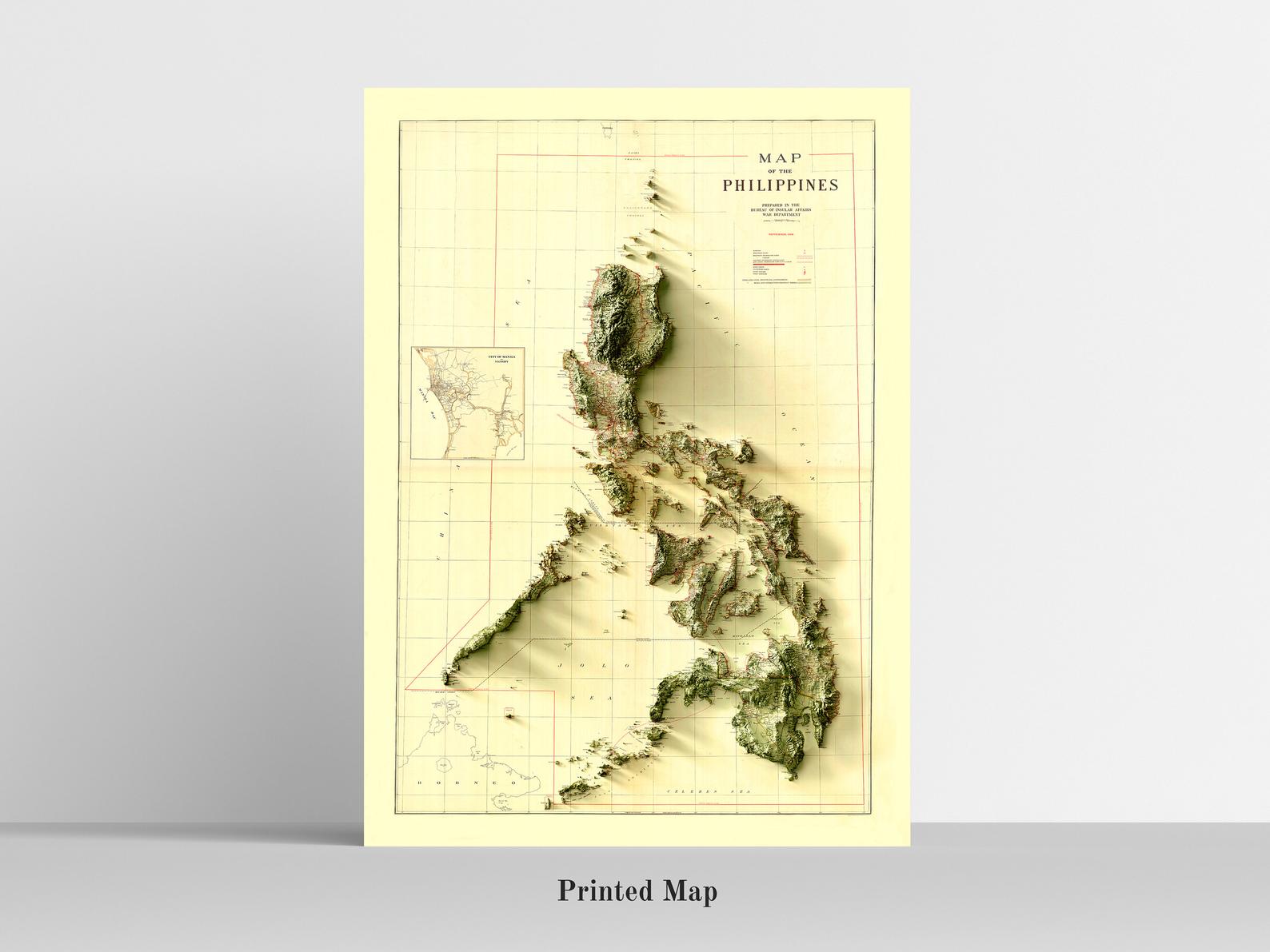 Philippines Shaded relief map print, highlighting topography. Ideal for home decor and geography lovers