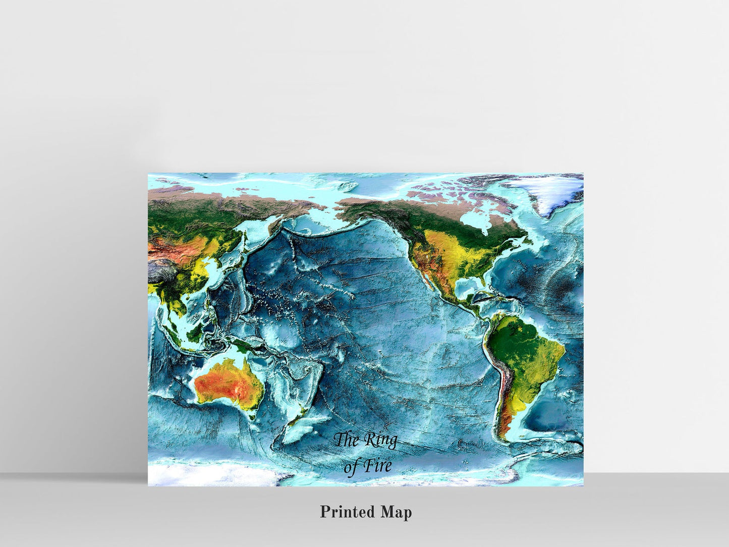 Ring of Fire, Pacific Ocean Shaded relief map print, highlighting topography. Ideal for home decor and geography lovers