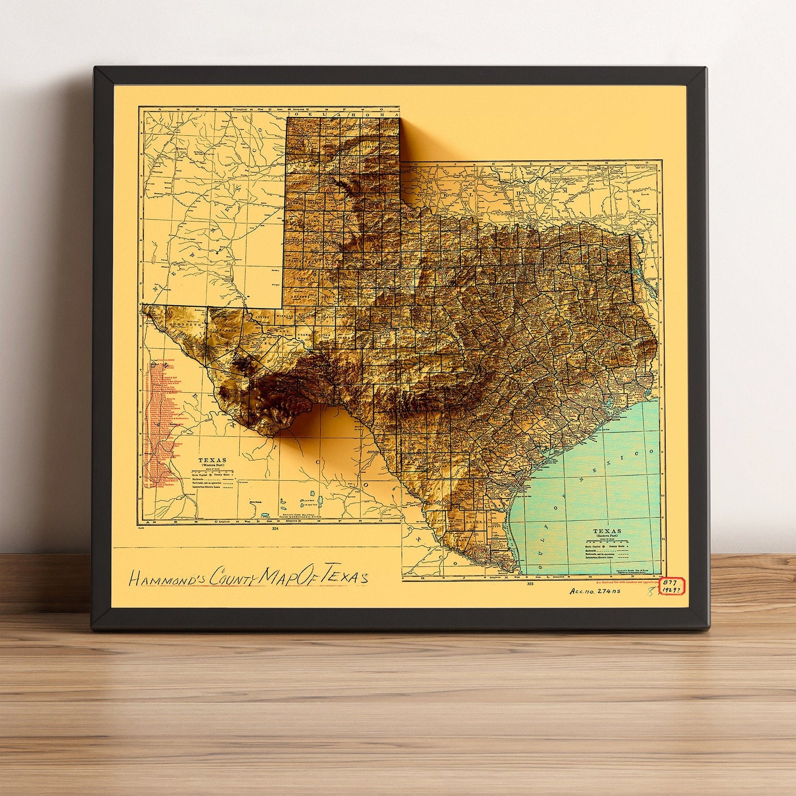 Texas (USA) vintage framed shaded relief map in black frame. Artistic print highlighting mountains with a realistic terrain effect