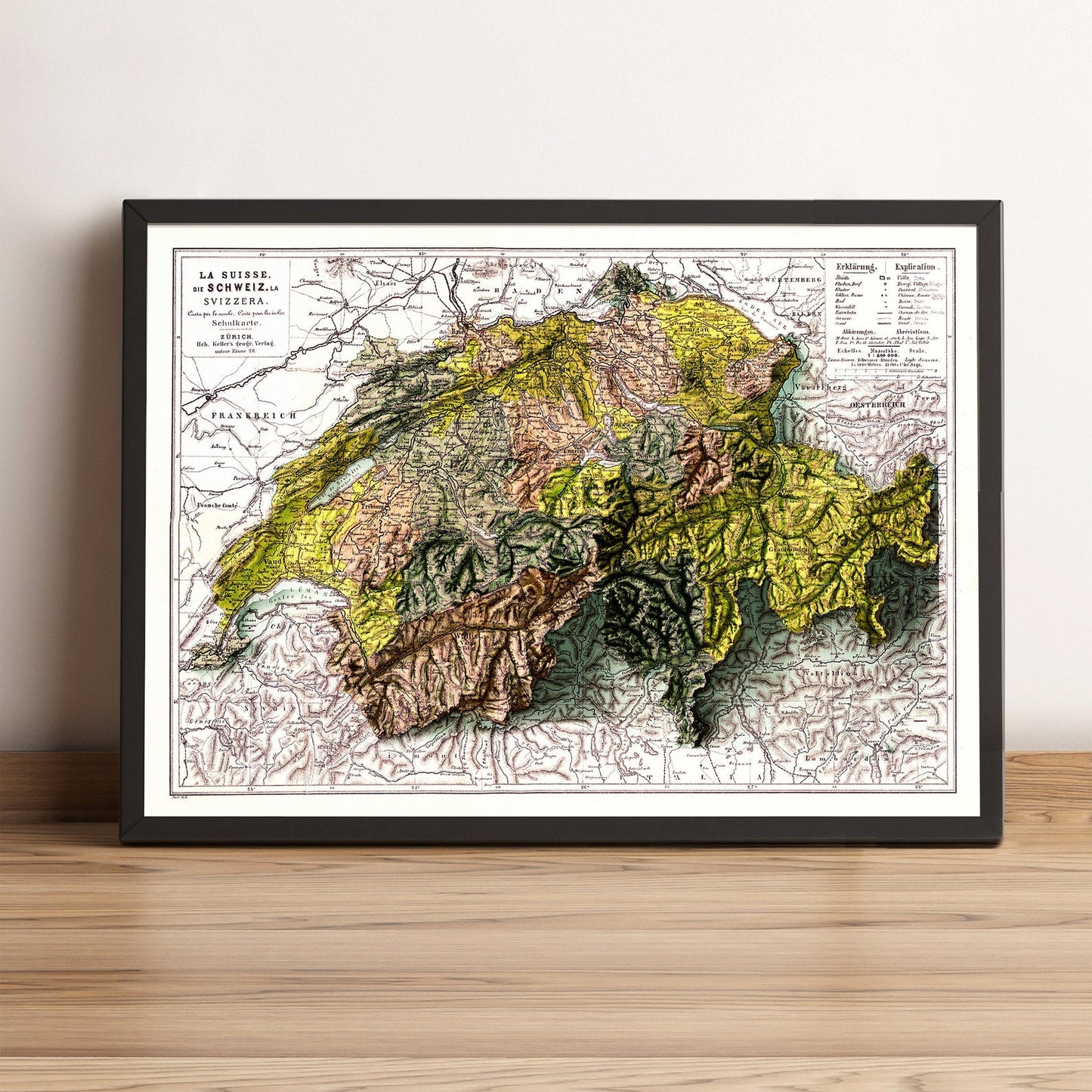 Switzerland vintage framed shaded relief map in black frame. Artistic print highlighting mountains with a realistic terrain effect
