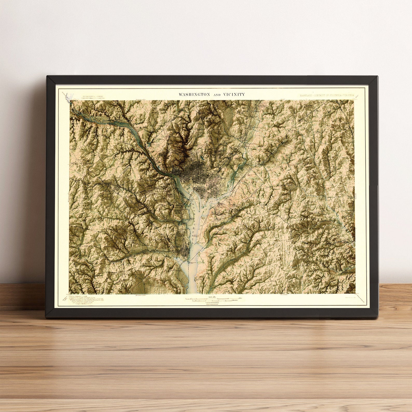 Washington DC (USA) vintage framed shaded relief map in black frame. Artistic print highlighting mountains with a realistic terrain effect