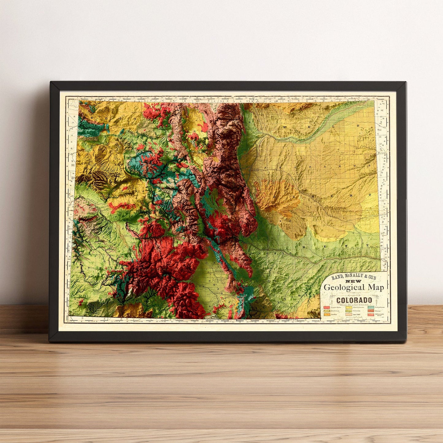 Colorado (USA) vintage framed shaded relief map in black frame. Artistic print highlighting mountains with a realistic terrain effect