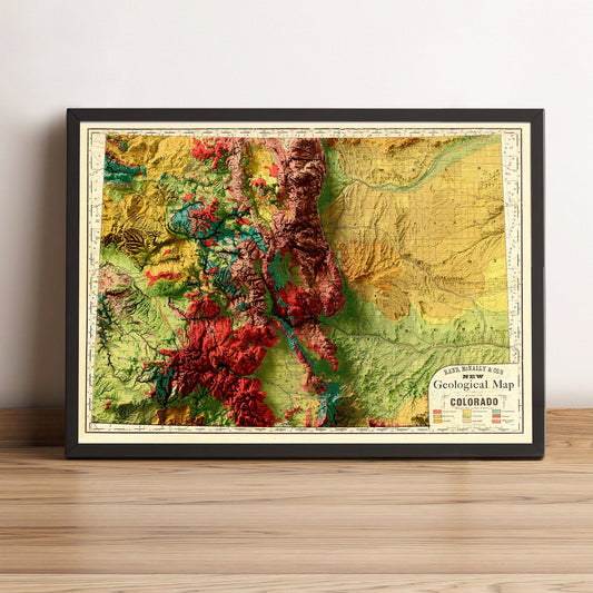 Colorado (USA) vintage framed shaded relief map in black frame. Artistic print highlighting mountains with a realistic terrain effect