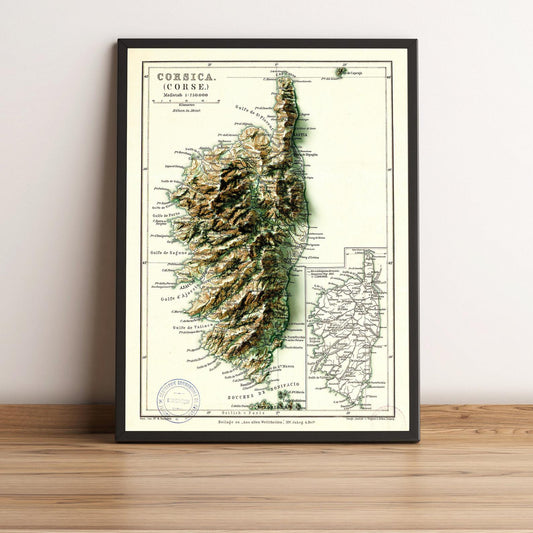 Corsega (France) vintage framed shaded relief map in black frame. Artistic print highlighting mountains with a realistic terrain effect