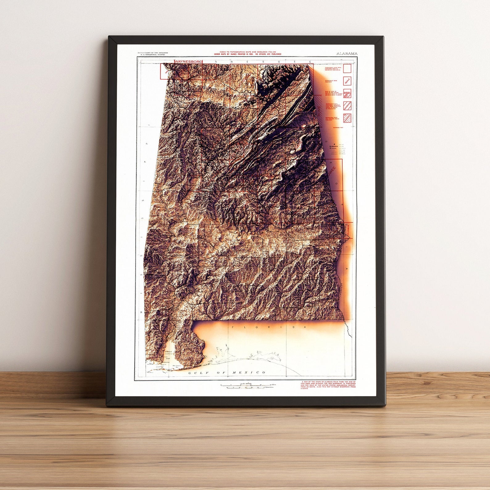 Alabama (USA) vintage framed shaded relief map in black frame. Artistic print highlighting mountains with a realistic terrain effect